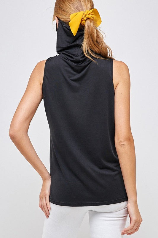 Sleeveless Black Top High Neck with Built in Face Mask with Ear Loop