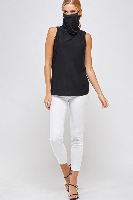 Sleeveless Black Top - High Neck with Built-in Face Mask with Ear Loop  Ivy and Pearl Boutique   