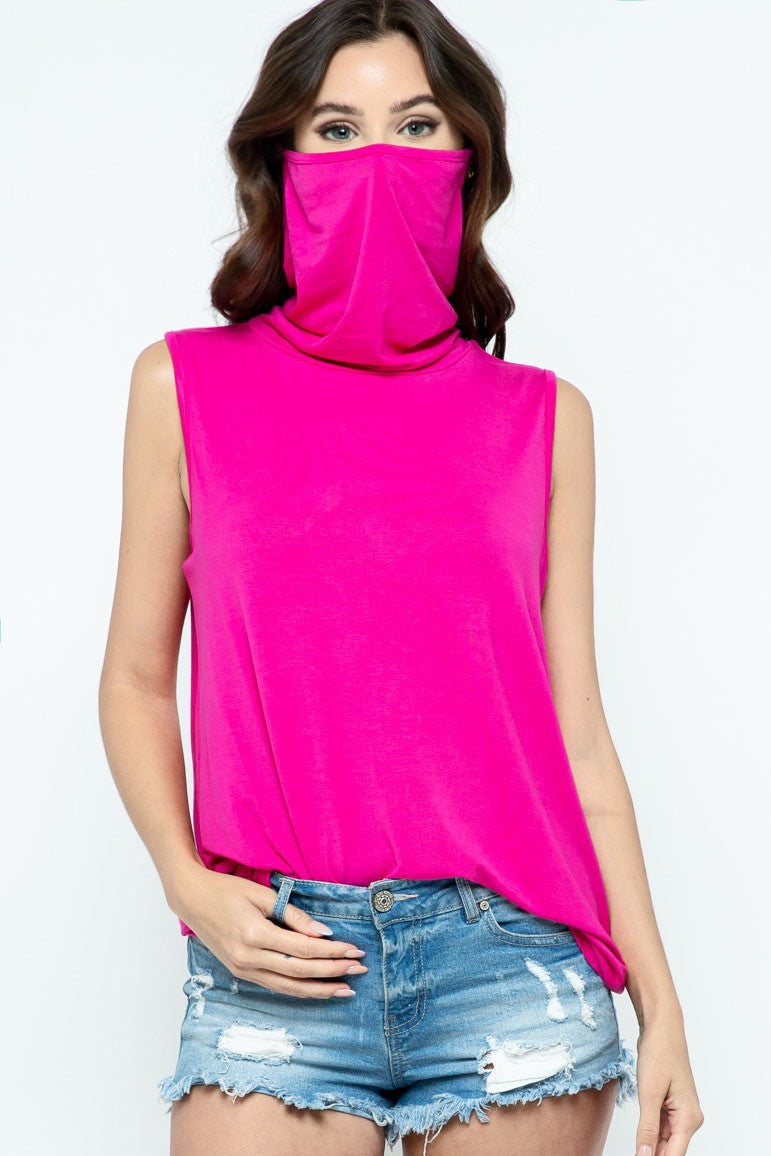 Sleeveless Jersey Knit Top with Cowl Neck and Built-in Face Mask  Ivy and Pearl Boutique   