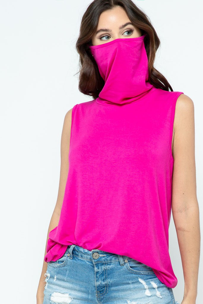 Sleeveless Jersey Knit Top with Cowl Neck and Built-in Face Mask  Ivy and Pearl Boutique   