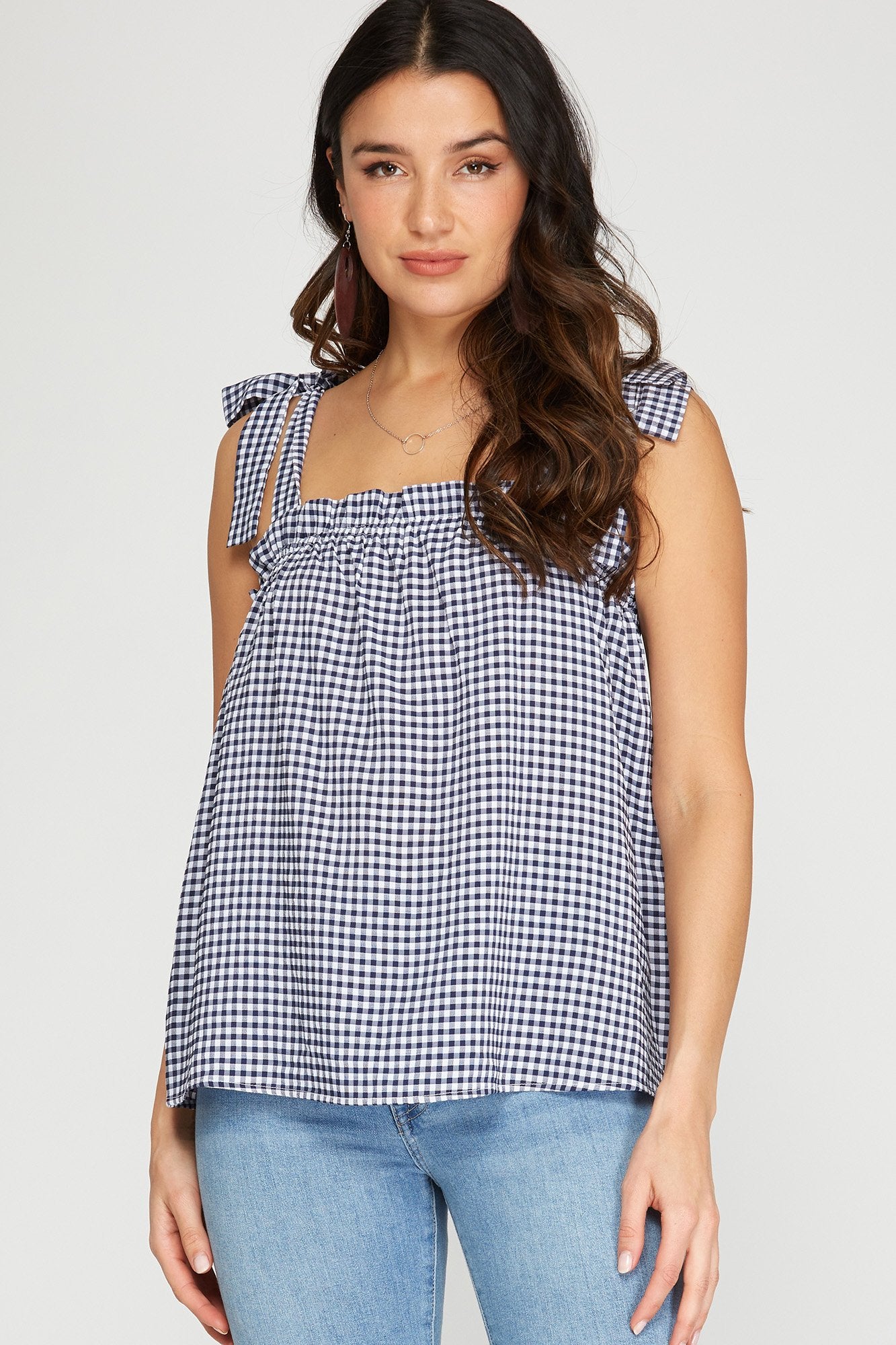 Sleeveless woven gingham top with shoulder ties  Ivy and Pearl Boutique Navy S 