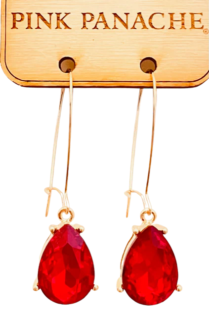 Small red pear shaped drop on gold kidney wire earring  Ivy and Pearl Boutique   