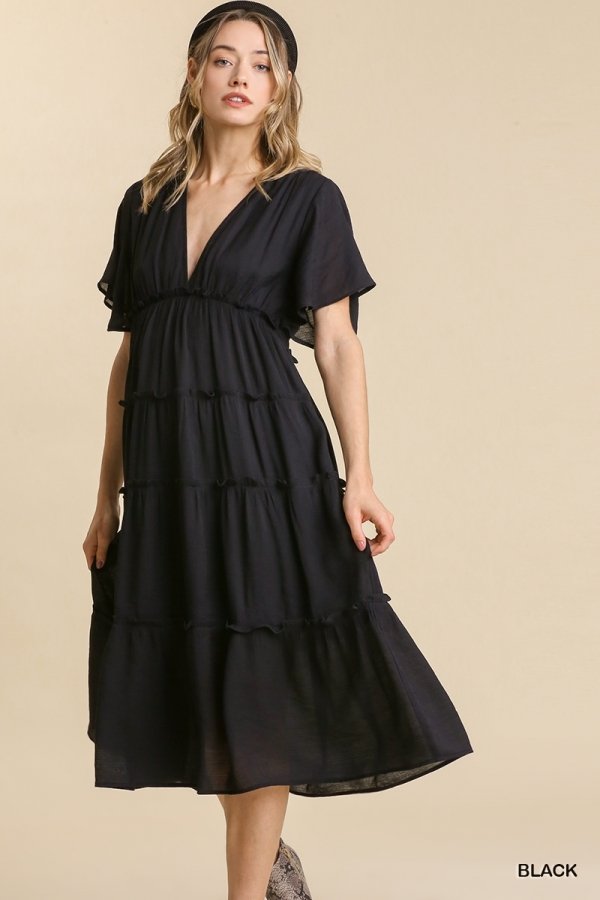 Smocked Short Sleeve V-Neck Textured Tiered Maxi Dress with lining  Ivy and Pearl Boutique Black S 