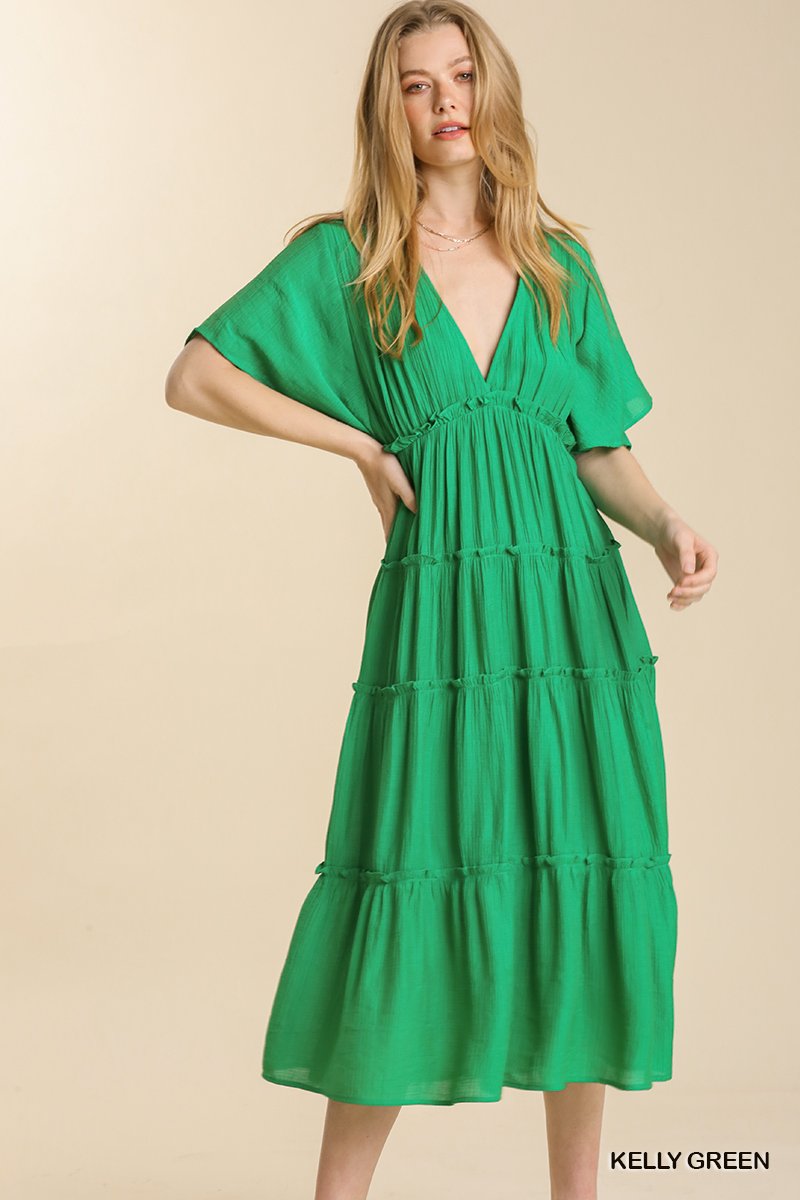 Smocked Short Sleeve V-Neck Textured Tiered Maxi Dress with lining  Ivy and Pearl Boutique Green S 