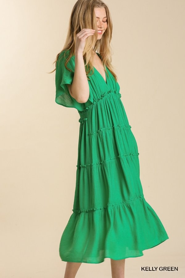 Smocked Short Sleeve V-Neck Textured Tiered Maxi Dress with lining  Ivy and Pearl Boutique   