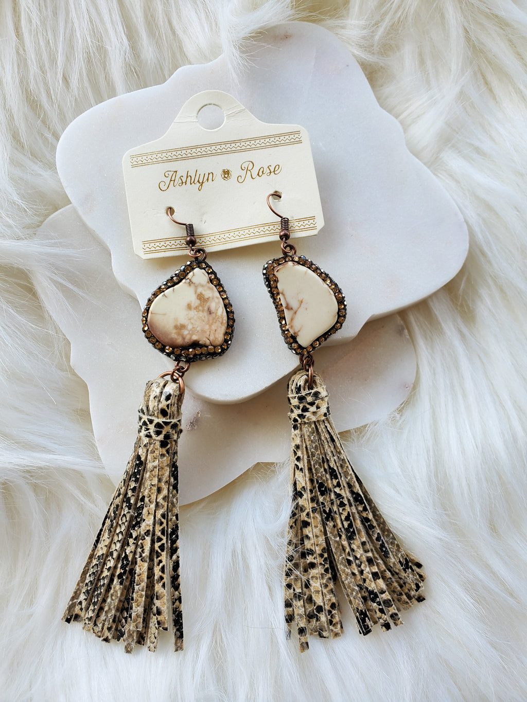 Snakeskin tassel earrings with chunky stone  Ivy and Pearl Boutique   