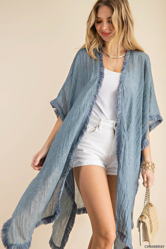 Soft fabric fringe trim cover up kimono with fringe  Ivy and Pearl Boutique Chambray S 