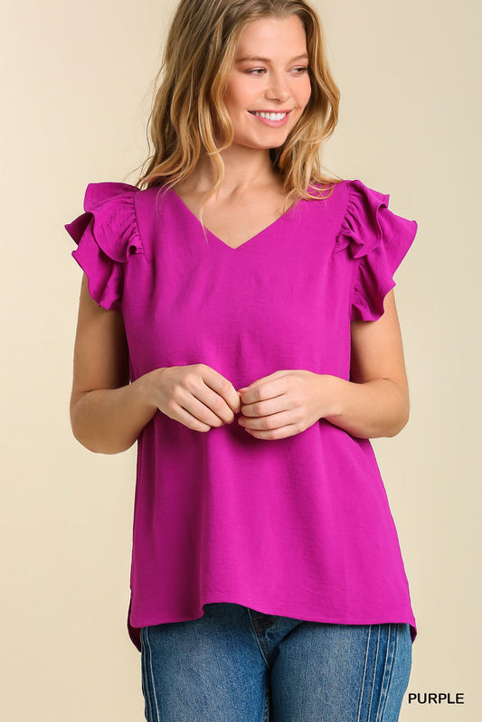 V-Neck Double Layered Flutter Sleeve Blouse with No Lining  Ivy and Pearl Boutique S Purple 
