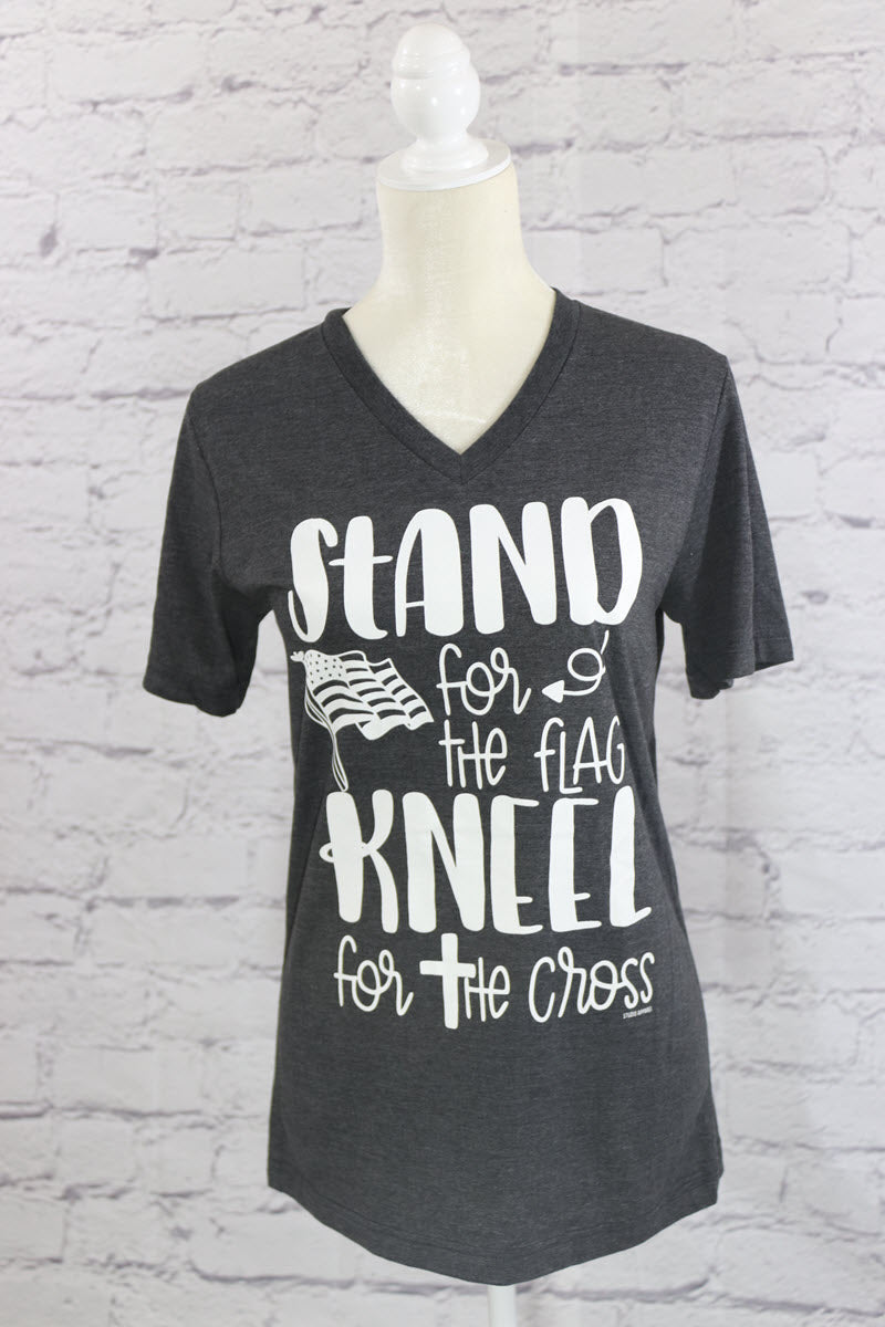 Stand for the flag, kneel for the cross V-neck T-shirt  Ivy and Pearl Boutique Dark gray S 