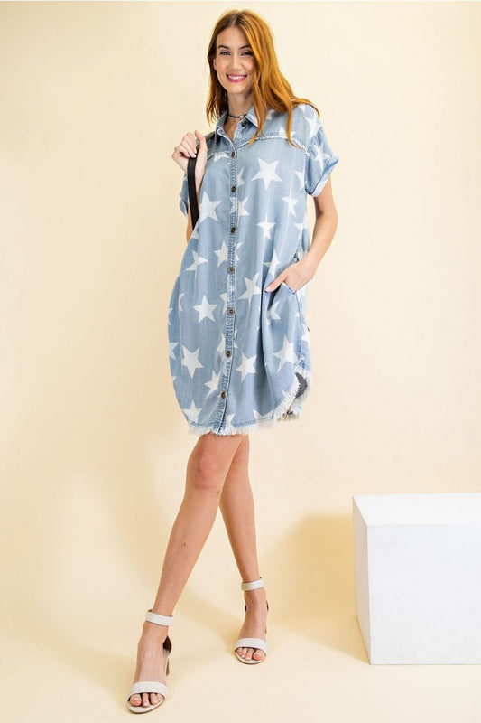 Star printed washed shirt tunic dress - Twinkle Star Denim Shirt Dress  Ivy and Pearl Boutique Denim S 