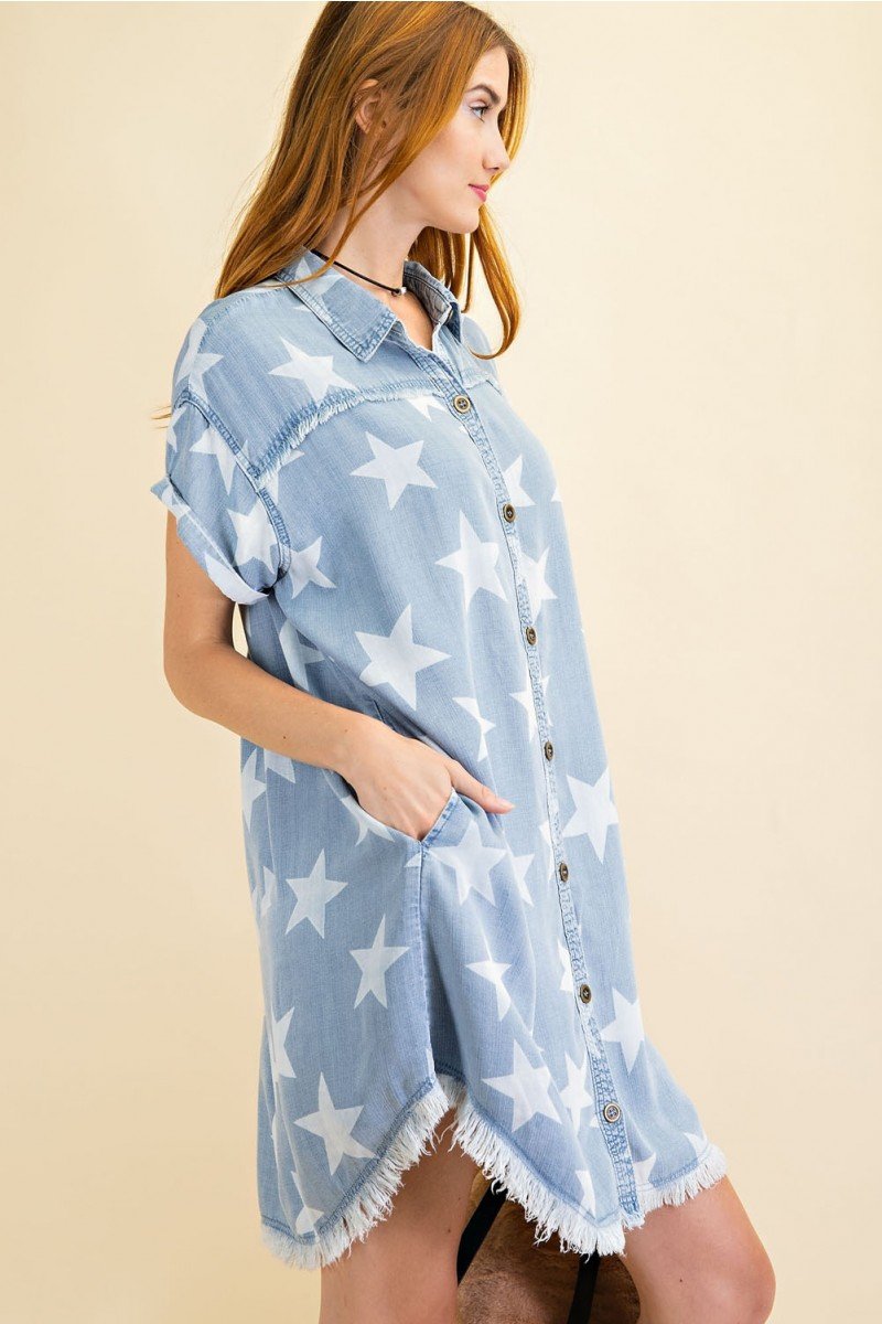 Star printed washed shirt tunic dress - Twinkle Star Denim Shirt Dress  Ivy and Pearl Boutique   