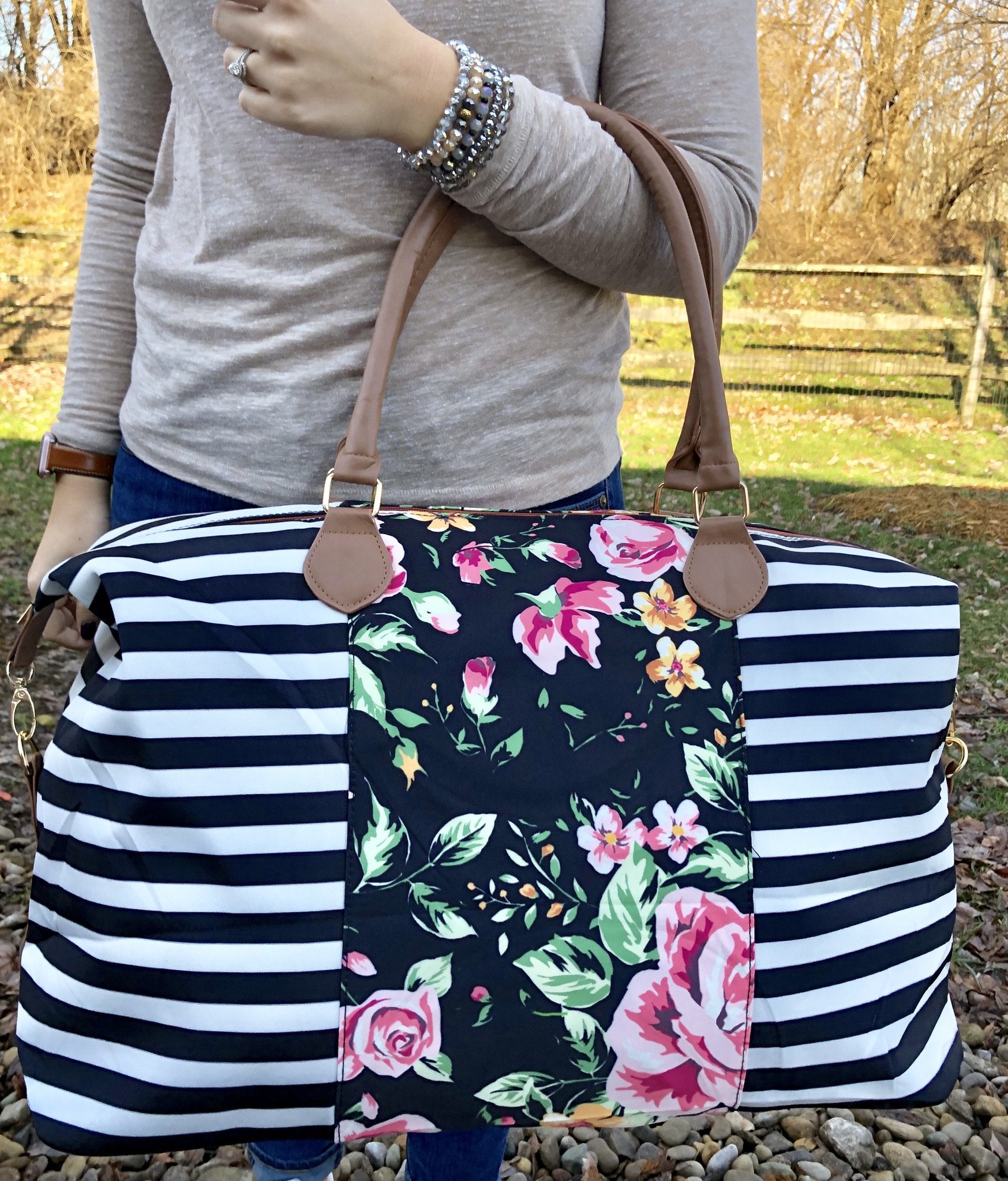 Striped and floral weekender tote bag  Ivy and Pearl Boutique   