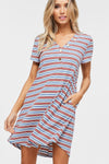 Short sleeve striped knit shift dress with V-neck and faux-button detail and pockets  Ivy and Pearl Boutique   
