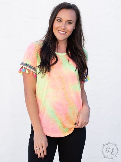 Sunny days tie-dye top with neon embroidery and fringe sleeves  Ivy and Pearl Boutique S  