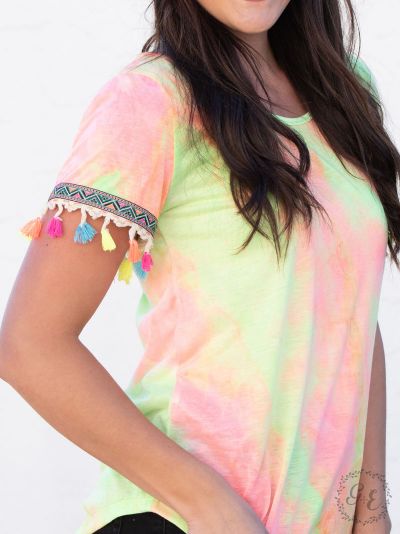 Sunny days tie-dye top with neon embroidery and fringe sleeves  Ivy and Pearl Boutique   