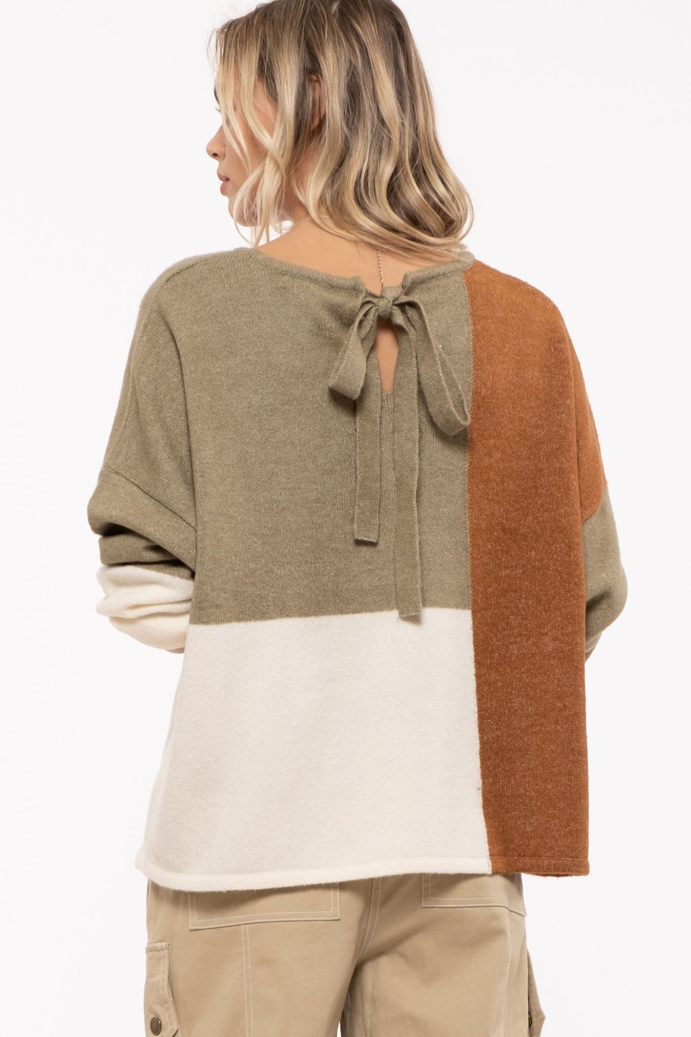 Sweater with full blouson sleeves and back ribbon tie  Ivy and Pearl Boutique   