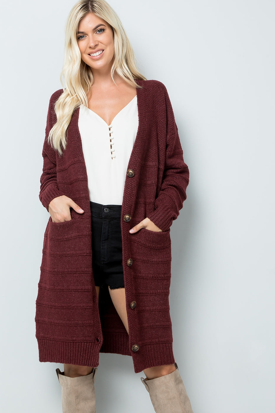 Sweet Lovely Midi Sweater Cardigan  Ivy and Pearl Boutique M/L Burgandy 