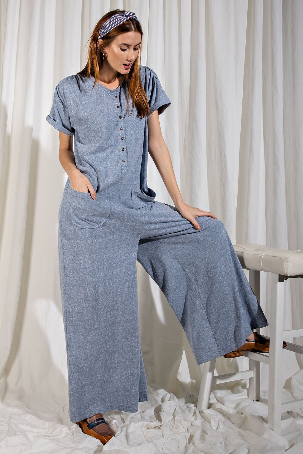 Sweetest Heart Jumpsuit with rolled-up sleeves and full-length wide legs  Ivy and Pearl Boutique Blue S 