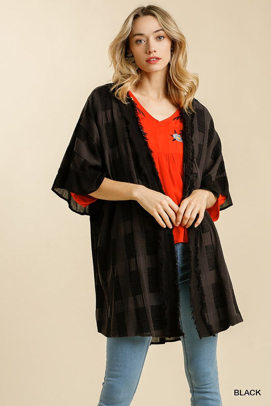 Textured Ruffle Open Front Kimono with Half Sleeve and Frayed Edged Details  Ivy and Pearl Boutique Black 1X/2X 