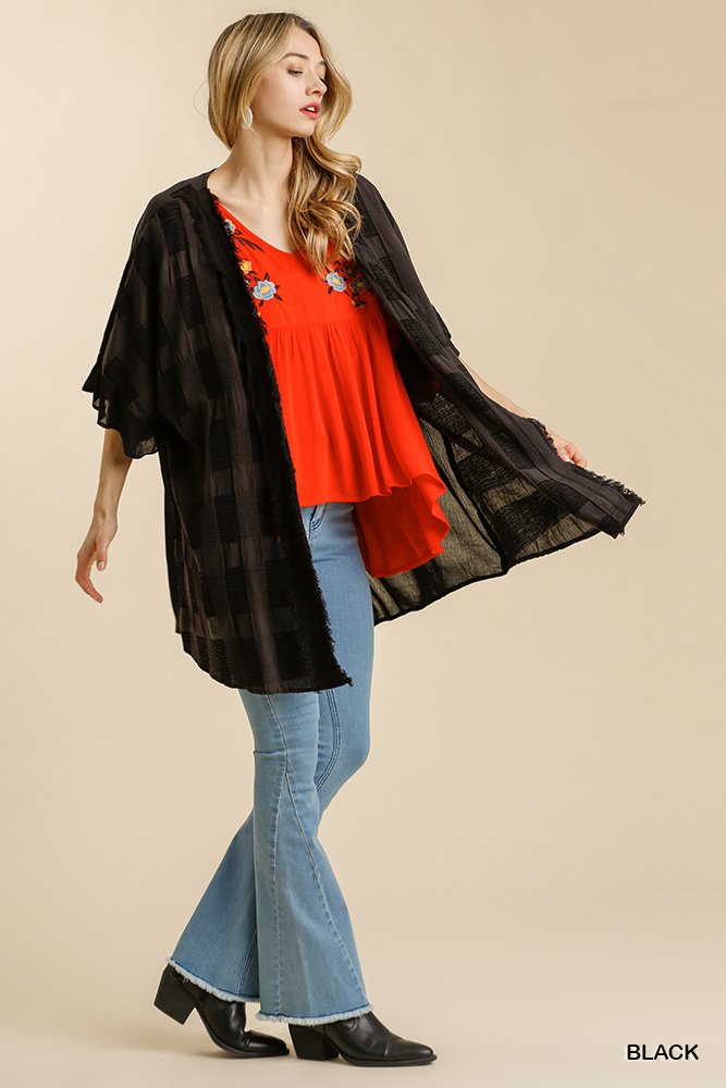 Textured Ruffle Open Front Kimono with Half Sleeve and Frayed Edged Details  Ivy and Pearl Boutique   