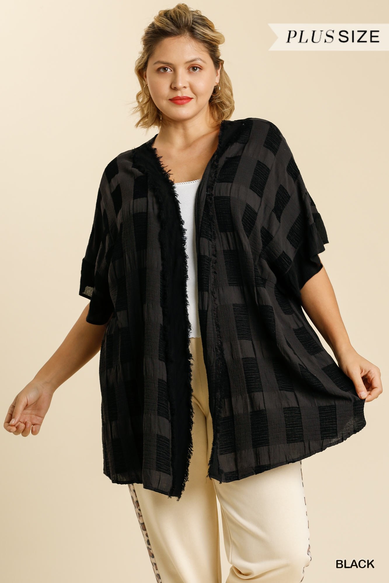 Textured Ruffle Open Front Kimono with Half Sleeve and Frayed Edged Details  Ivy and Pearl Boutique   