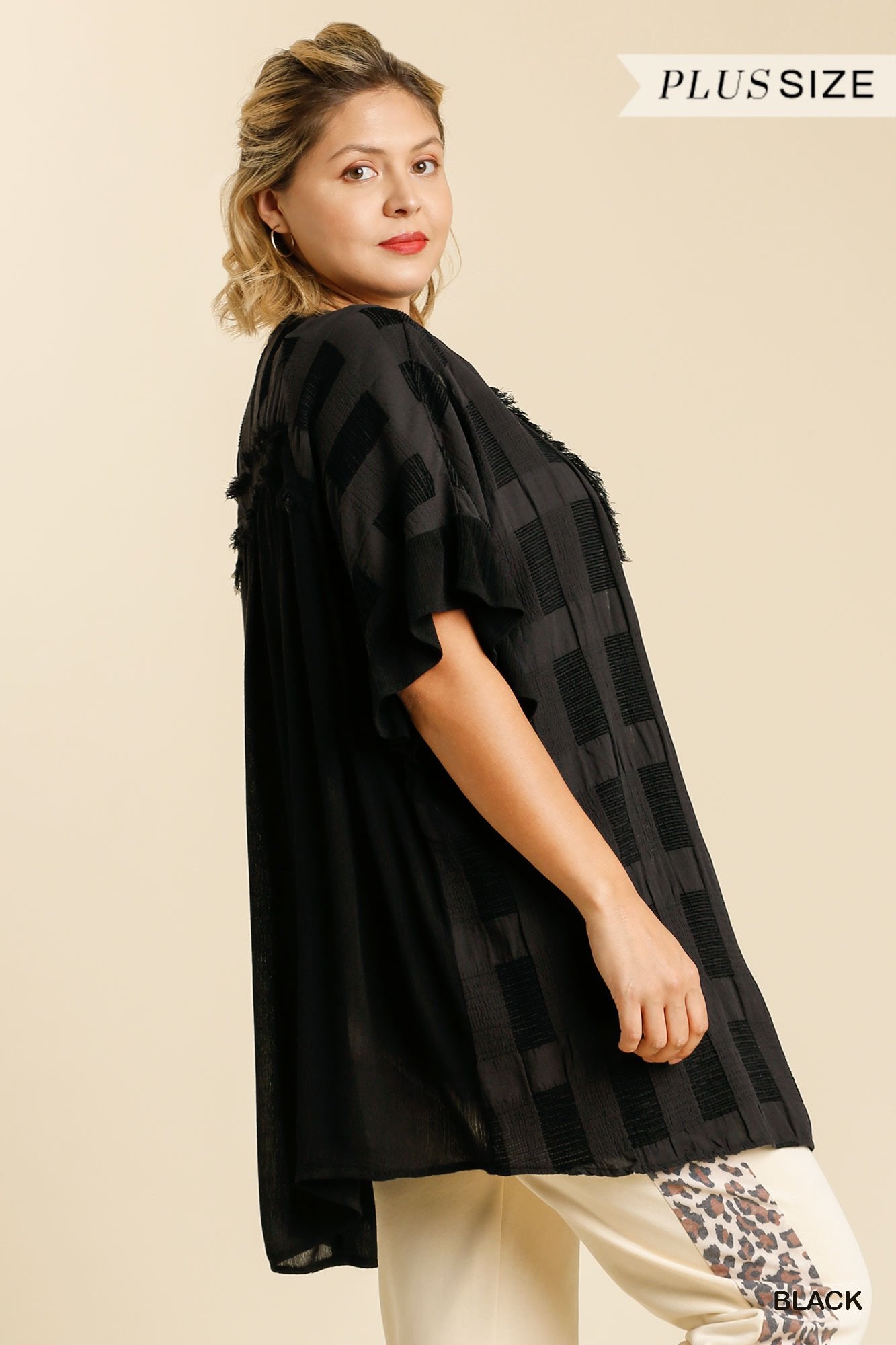 Textured Ruffle Open Front Kimono with Half Sleeve and Frayed Edged Details  Ivy and Pearl Boutique   