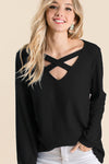 Thermal Waffle knit Top with Criss Cross Neck Detail  Ivy and Pearl Boutique S Black 
