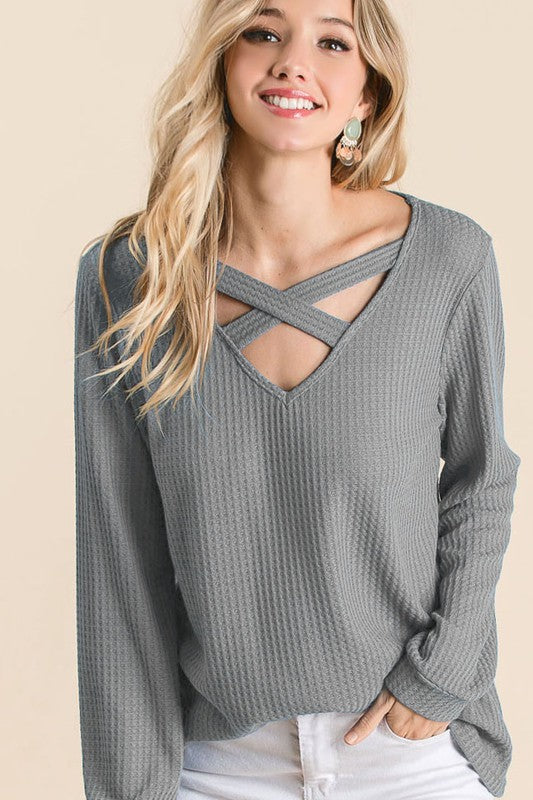 Thermal Waffle knit Top with Criss Cross Neck Detail  Ivy and Pearl Boutique S Charcoal 