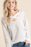 Thermal Waffle knit Top with Criss Cross Neck Detail  Ivy and Pearl Boutique   