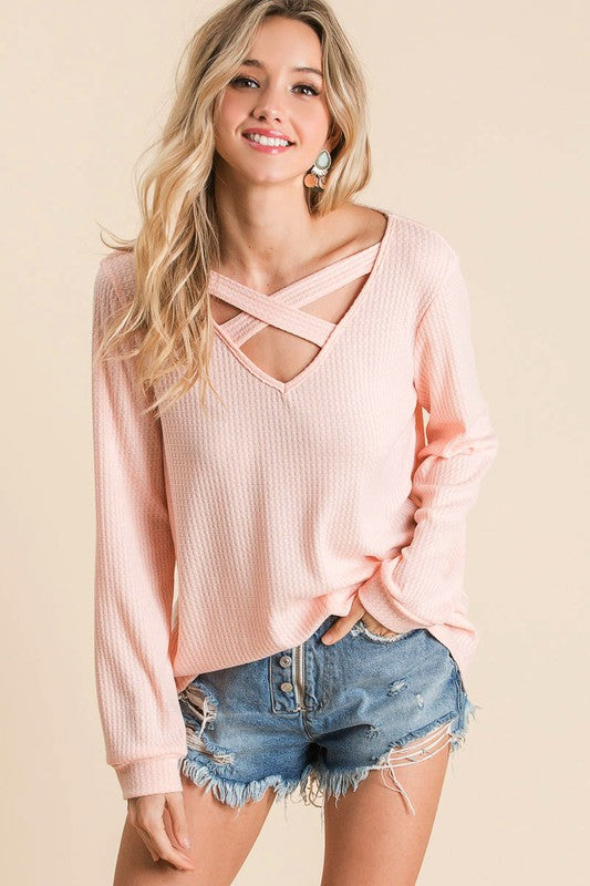 Thermal Waffle knit Top with Criss Cross Neck Detail  Ivy and Pearl Boutique S Blush 