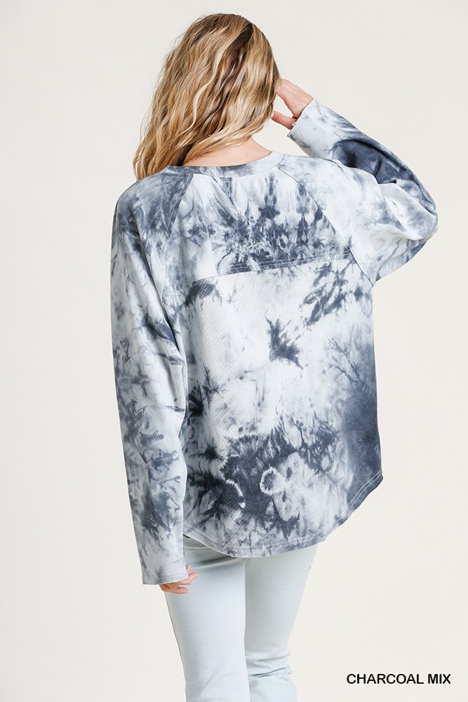 Tie Dye Raglan Sleeve Top - Tie Dye Long Raglan Sleeve Raw Edged Hem Top with High Low Hem  Ivy and Pearl Boutique   