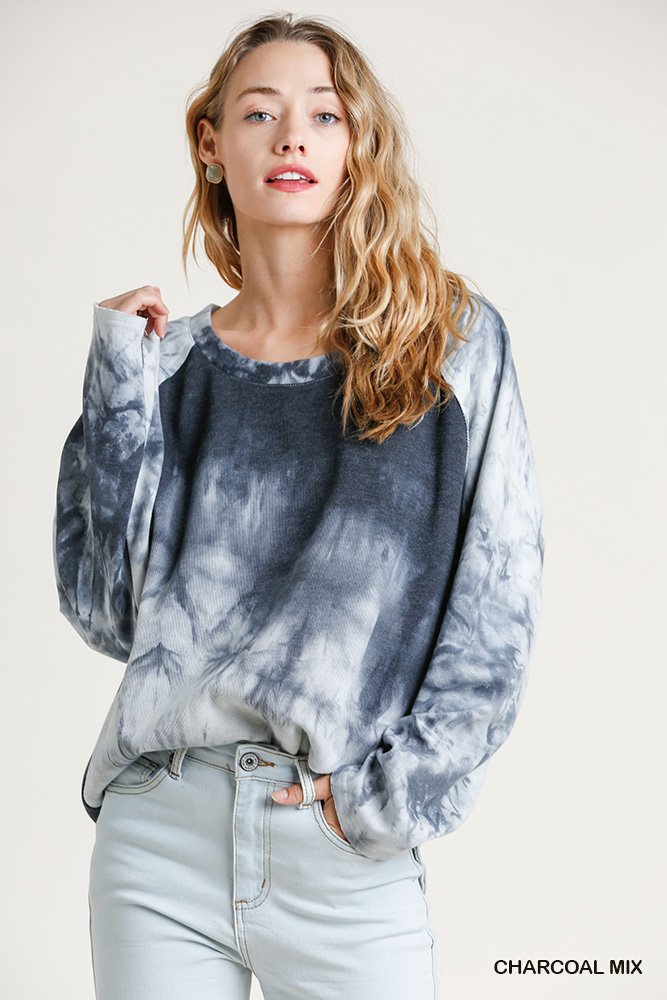 Tie Dye Raglan Sleeve Top - Tie Dye Long Raglan Sleeve Raw Edged Hem Top with High Low Hem  Ivy and Pearl Boutique Charcoal S 