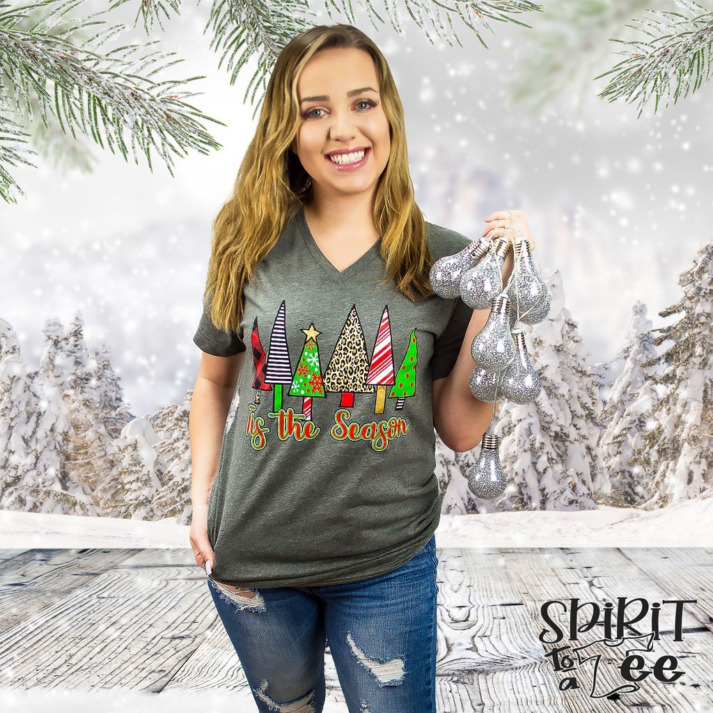 Tis the Season Christmas Trees on Bella+Canvas V-Neck Tee  Ivy and Pearl Boutique Heather Gray M 