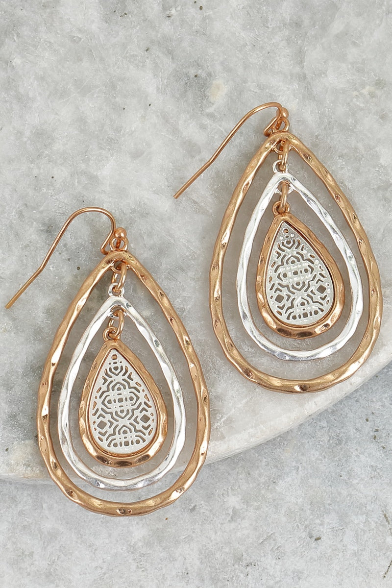 Two-tone three-layer drop filigree hook earrings  Ivy and Pearl Boutique Gold  