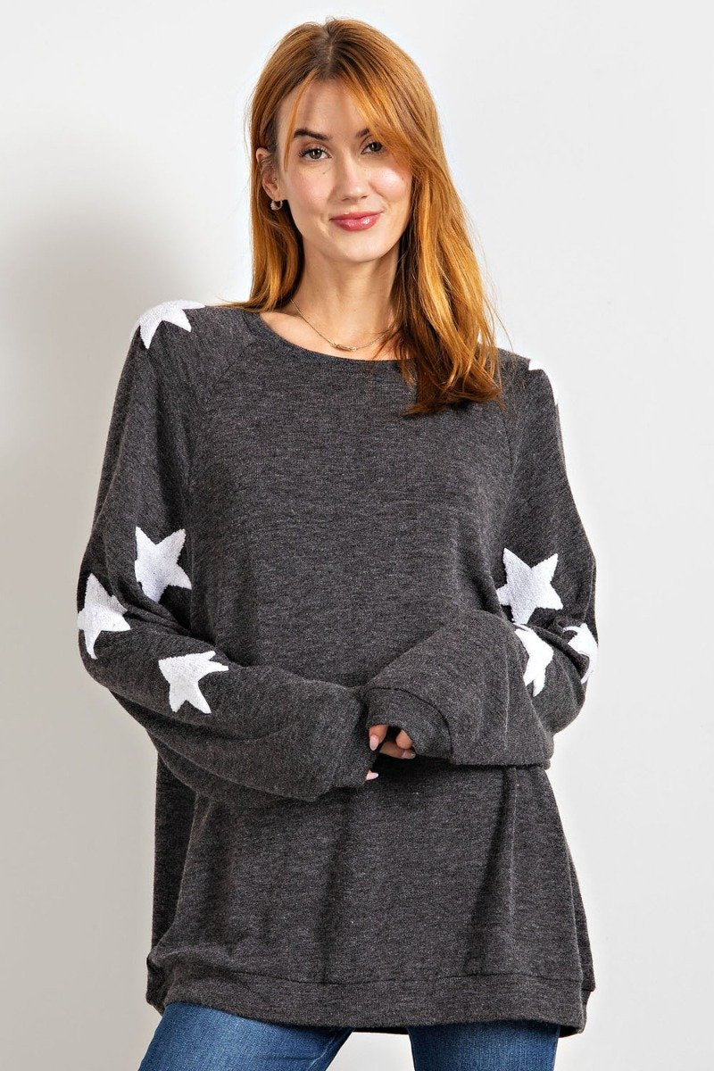 Ultra-soft Hacci stargaze pullover top with slouchy silhouette  Ivy and Pearl Boutique Charcoal S 
