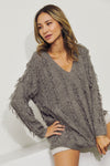 V-Neck long sleeve wool sweater top with fringe  Ivy and Pearl Boutique Mocha 1XL 