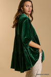 Velvet 3/4 sleeve button down tunic dress with tiered back and high-low hem  Ivy and Pearl Boutique   