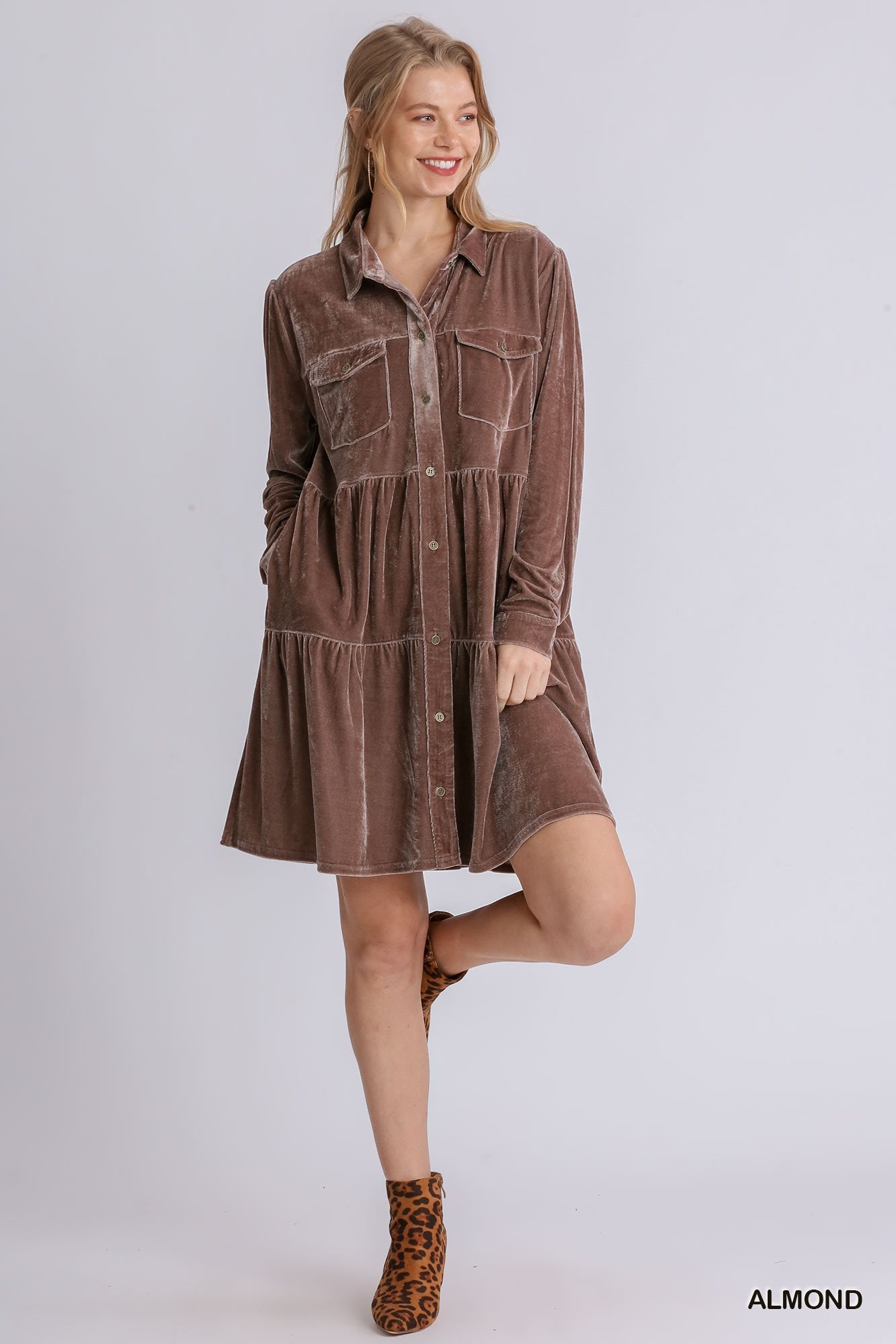 Velvet Long Sleeve Collar Button Down Tiered Dress with Pockets and No