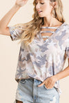 Vintage Camouflage Star Print V-Neck Top with strapped front neck detail  Ivy and Pearl Boutique   