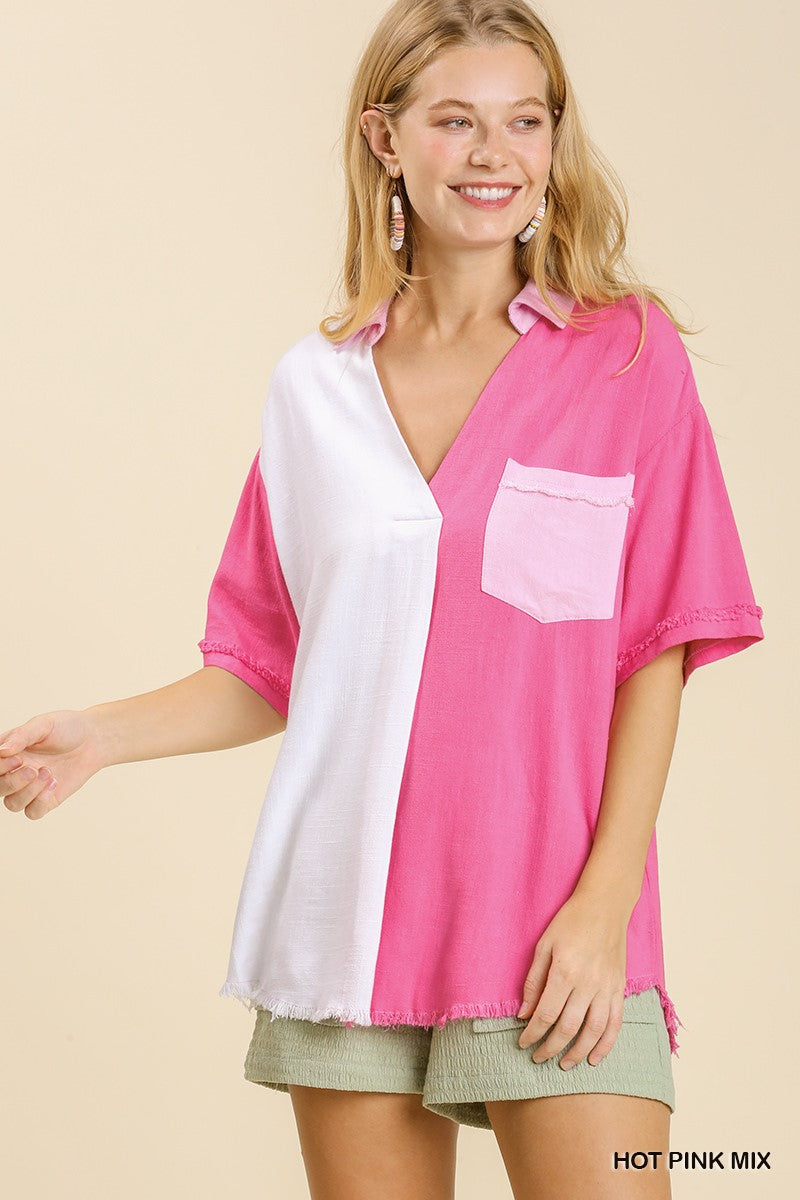 Linen Blend Color Block Gauze Button Up Short Folded Sleeve Top with Chest Pocket and Frayed Hemline  Ivy and Pearl Boutique   