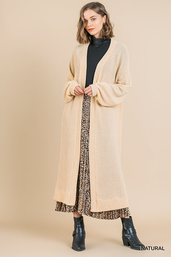 Waffle Knit Long Puff Sleeve Open Front Long Cardigan Sweater  Ivy and Pearl Boutique Cream S 