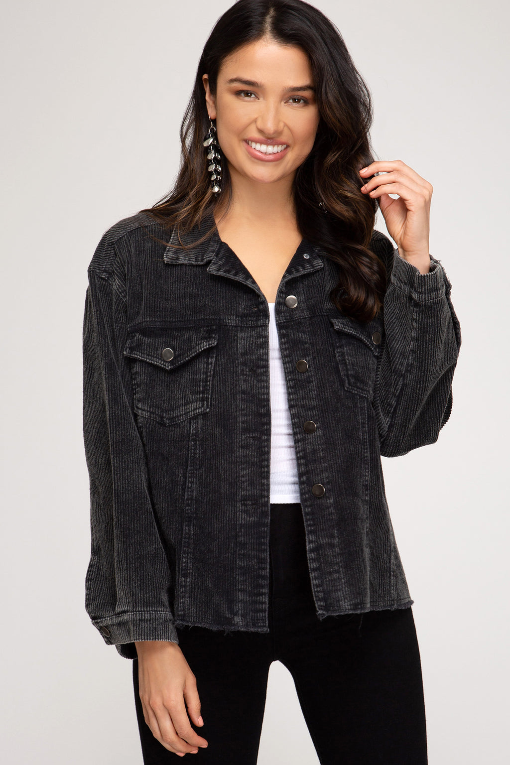 Washed detail corduroy jacket with pockets  Ivy and Pearl Boutique Black S 
