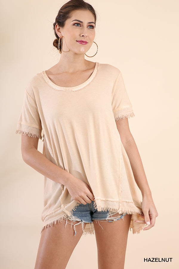 Washed Short Sleeve Top with Frayed and Gathered Details  Ivy and Pearl Boutique Hazlenut S 