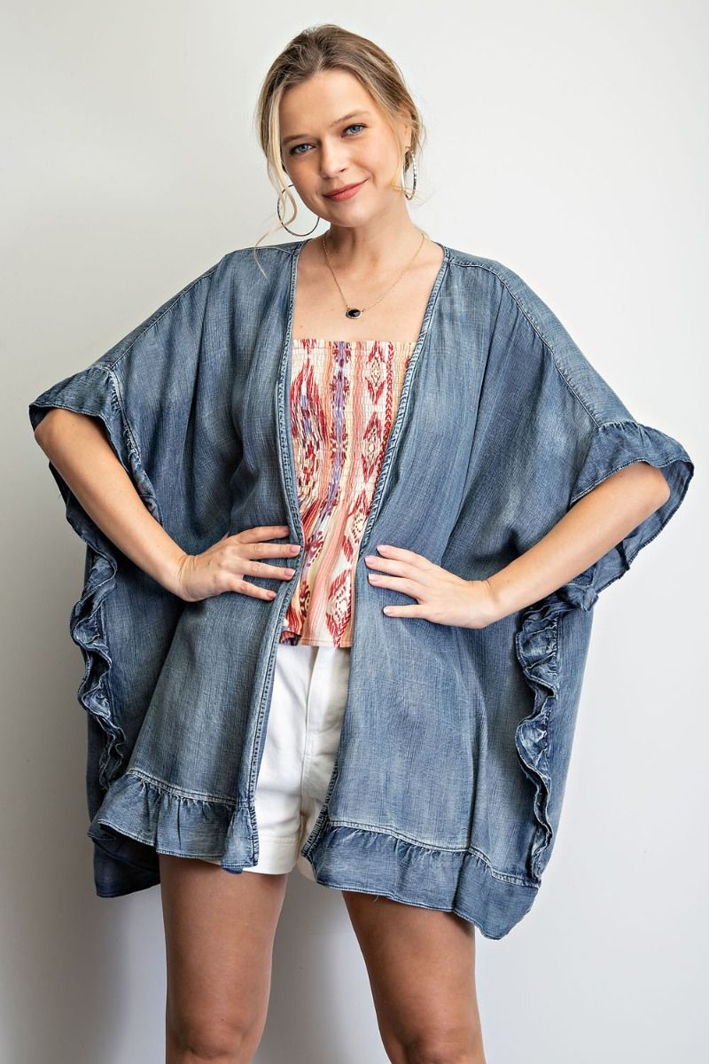 Washed denim open cardigan with ruffle detailing - RESTOCKED  Ivy and Pearl Boutique   