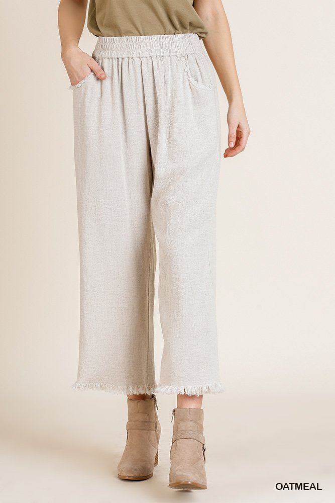 Wide Leg Pant with Elastic Waist, Pockets, and Frayed Hem  Ivy and Pearl Boutique Oatmeal S 