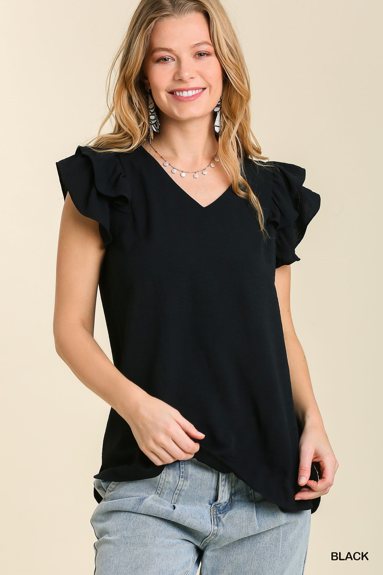 V-Neck Double Layered Flutter Sleeve Blouse with No Lining  Ivy and Pearl Boutique S Black 
