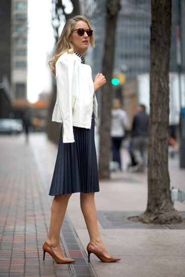 Black muted pleated outfit with white jacket
