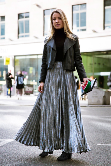 Metallic silver pleated maxi skirt paired with tucked in turtleneck