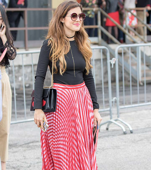 Red and white striped pleated skirt with black top